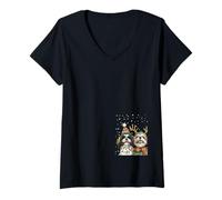 Donna Simpatico Cane Shih Tzu di Natale con Cappello di Babbo Natale Sciarpa Vacanza Maglietta con Collo a V
