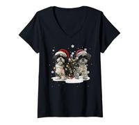 Donna Simpatico Cane Shih Tzu Luci di Natale Vacanze di Natale Maglietta con Collo a V