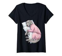 Donna Simpatico Cane Weimaraner Che Dorme in Pigiama Maglietta con Collo a V