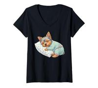 Donna Simpatico Cane Yorkshire Terrier Che Dorme in Pigiama Maglietta con Collo a V