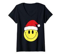 Donna Simpatico Cappello di Babbo Natale con Faccina Sorridente, Stile retrò Maglietta con Collo a V
