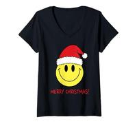 Donna Simpatico Cappello di Babbo Natale con Faccina Sorridente, Stile retrò Maglietta con Collo a V