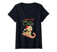 Donna Simpatico Cappello di Babbo Natale Gatto Candy Cane Art Donne Bambini Adolescenti Maglietta con Collo a V
