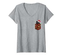 Donna Simpatico Cappello di Babbo Natale Gatto Nero in Tasca Modello Vacanza Maglietta con Collo a V