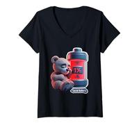 Donna Simpatico cartone animato batteria Sleepy Dedy Bear divertente design tee Maglietta con Collo a V