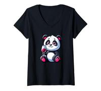 Donna Simpatico Cartone Animato Panda Wine Lover con Vetro Maglietta con Collo a V