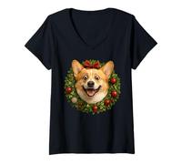 Donna Simpatico Corgi - Ghirlanda Natalizia Divertente con Cane Natalizio Maglietta con Collo a V