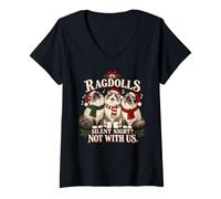Donna Simpatico Coro di Animali Natalizi Ragdoll Cat Maglietta con Collo a V