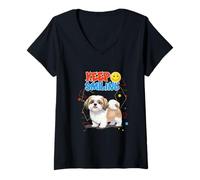 Donna Simpatico cucciolo di cane Shih Tzu "Keep Smiling" motivazione positiva Maglietta con Collo a V