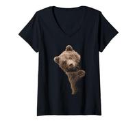 Donna Simpatico Cucciolo di Grizzly Che sbircia la Foresta Selvatica Design Maglietta con Collo a V