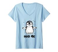 Donna Simpatico Cucciolo di Pinguino Che abbraccia i Piccoli Pinguini Amano Maglietta con Collo a V