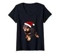Donna Simpatico Cucciolo di Rottweiler Che Indossa Il Cappello di Babbo Natale Maglietta con Collo a V