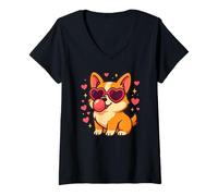 Donna Simpatico Cucciolo di San Valentino Corgi con Occhiali da Sole a Cuore Maglietta con Collo a V