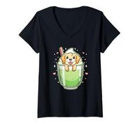 Donna Simpatico cucciolo in Matcha Drink Kawaii Dog Dessert Art Maglietta con Collo a V