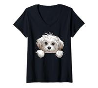 Donna Simpatico Cucciolo Maltese Che sbircia Divertente Amante dei Cani maltesi Maglietta con Collo a V
