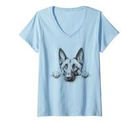 Donna Simpatico design belga Malinois che sbircia per il proprietario del cane Maglietta con Collo a V