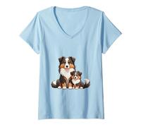 Donna Simpatico Design con Cane da Pastore Australiano e Cucciolo Maglietta con Collo a V