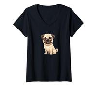 Donna Simpatico Design con Carlino e Cane strizzolante Maglietta con Collo a V
