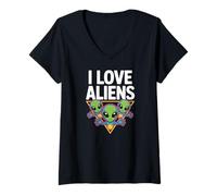 Donna Simpatico Design con Scritta I Love Aliens Maglietta con Collo a V