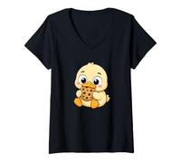 Donna Simpatico Design Kawaii con Anatra Che Mangia Biscotti Maglietta con Collo a V