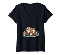 Donna Simpatico Design per Amanti degli Animali Kawaii con lontra Maglietta con Collo a V