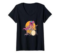 Donna Simpatico Dinosauro con Occhiali da Sole e Tamburi Strumento Maglietta con Collo a V