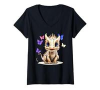 Donna Simpatico Drago con Occhi Blu e Farfalle Viola per Bambini Maglietta con Collo a V