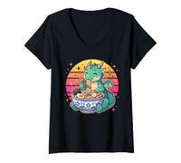 Donna Simpatico Drago Kawaii Che Mangia Ramen Noodles Design Maglietta con Collo a V