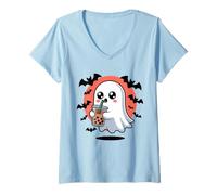 Donna Simpatico Fantasma Boba Tea Kawaii Bubble Drink Divertente Halloween Crew Maglietta con Collo a V