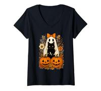 Donna Simpatico Fantasma di Halloween con Gatto Nero Autunnale Floreale Maglietta con Collo a V