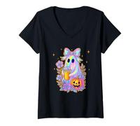 Donna Simpatico fantasma zucca design di Halloween Maglietta con Collo a V