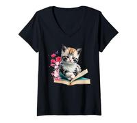 Donna Simpatico Gattino con Un Libro e Fiori Amante dei Gatti Leggi Il Topo di Biblioteca Maglietta con Collo a V