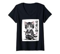 Donna Simpatico Gattino Samurai Cat - Kawaii Baby Neko Maglietta con Collo a V