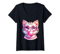 Donna Simpatico gatto bianco che mangia la gomma e fa un gatto divertente a bolla Maglietta con Collo a V