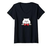 Donna Simpatico Gatto Bianco con Fiocco Rosso - Cartoon Pet Design Maglietta con Collo a V