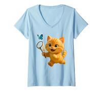 Donna Simpatico Gatto Che insegue la Farfalla, Adorabile Leone Animato Il Gatto Maglietta con Collo a V