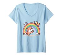 Donna Simpatico Gatto con Arcobaleno e Farfalla - Kawaii Kitten Art Maglietta con Collo a V