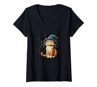 Donna Simpatico gatto con cappello da mago per amanti dei gatti magici Maglietta con Collo a V
