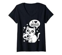 Donna Simpatico Gatto I Love Skulls Funny Goth Kitten Skull Lover Maglietta con Collo a V