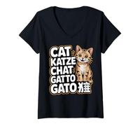Donna Simpatico Gatto in Diverse Lingue Divertente per Amanti dei Gatti Mamme e papà Maglietta con Collo a V