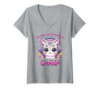 Donna Simpatico gatto kawaii che ascolta K-Pop Maglietta con Collo a V