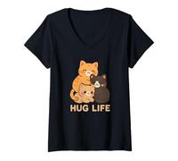 Donna Simpatico gatto Kawaii - HUG LIFE Maglietta con Collo a V