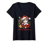 Donna Simpatico Gatto Natalizio Merry Meowmas Holiday Kitty Cat Lovers Maglietta con Collo a V