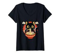 Donna Simpatico Gatto Nero Ramen Bowl Kawaii Noodle Lover Art Graphic Maglietta con Collo a V