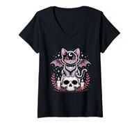 Donna Simpatico Gatto Pipistrello Rosa Seduto su Scheletro Candele Design Maglietta con Collo a V