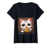 Donna Simpatico gatto ramen che mangia ramen noodles gatto giapponese regalo artistico Maglietta con Collo a V