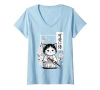 Donna Simpatico Gatto Samurai Kawaii - Sakura Giapponese Maglietta con Collo a V
