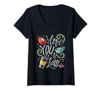 Donna Simpatico Gioco di Parole a Forma di Cuore con Scritta «I Love You a Latte» Maglietta con Collo a V