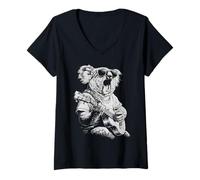 Donna Simpatico Koala con Occhiali da Sole Animale Chitarrista Maglietta con Collo a V