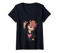 Donna Simpatico Lama Amante degli Animali con Occhiali e Segno della Pace Design Maglietta con Collo a V